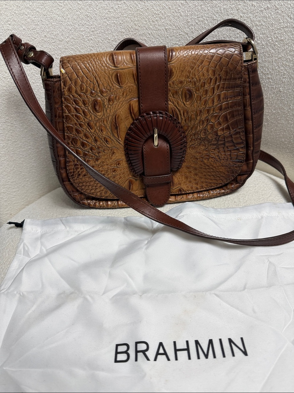 Brahmin Cognac Croc-Embossed Leather Crossbody with Buckle Accent